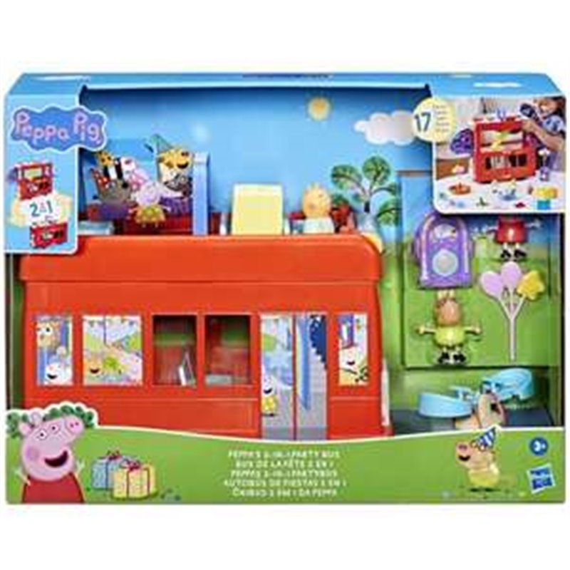 AUTOBÚS DE FIESTAS 2 EN 1 PEPPA PIG CON 16 ACCESORIOS. INCLUYE 3 PERSONAJES. 13,5X34,6X45,7 CM