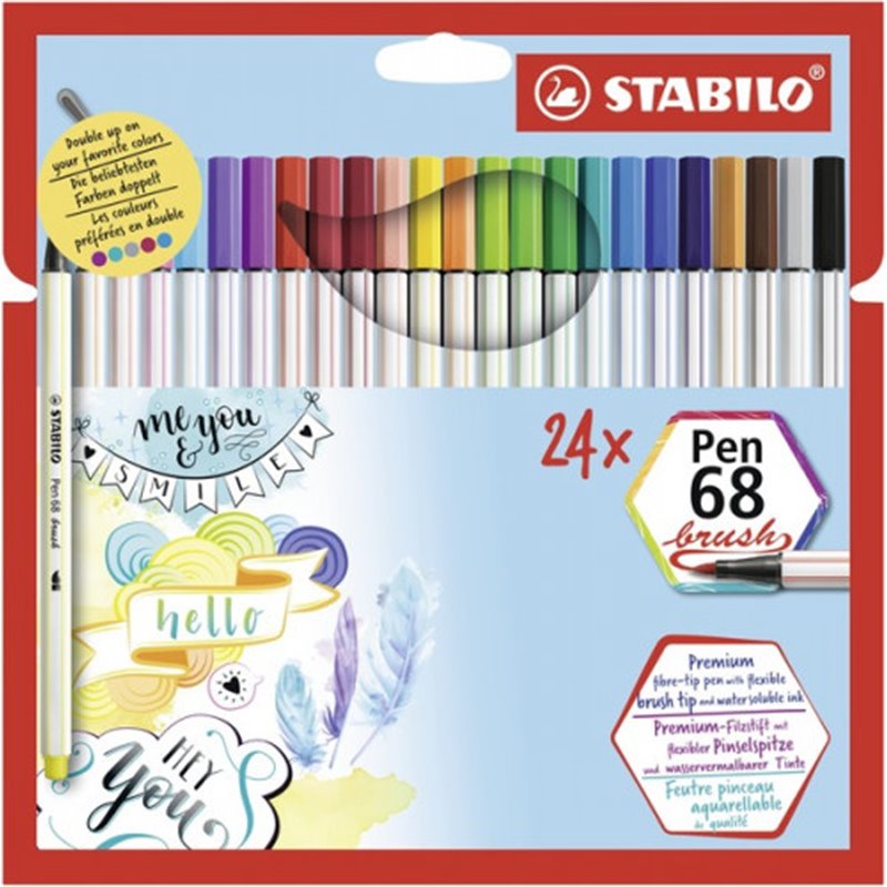 ESTUCHE CARTON 24 UNIDADES ROTULADOR PEN 68 BRUSH COLORES SURTIDOS STABILO 568/24-211