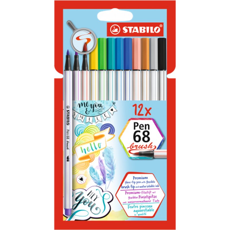 ESTUCHE CARTON 12 UNIDADES ROTULADOR PEN 68 BRUSH COLORES SURTIDOS STABILO 568/12-21