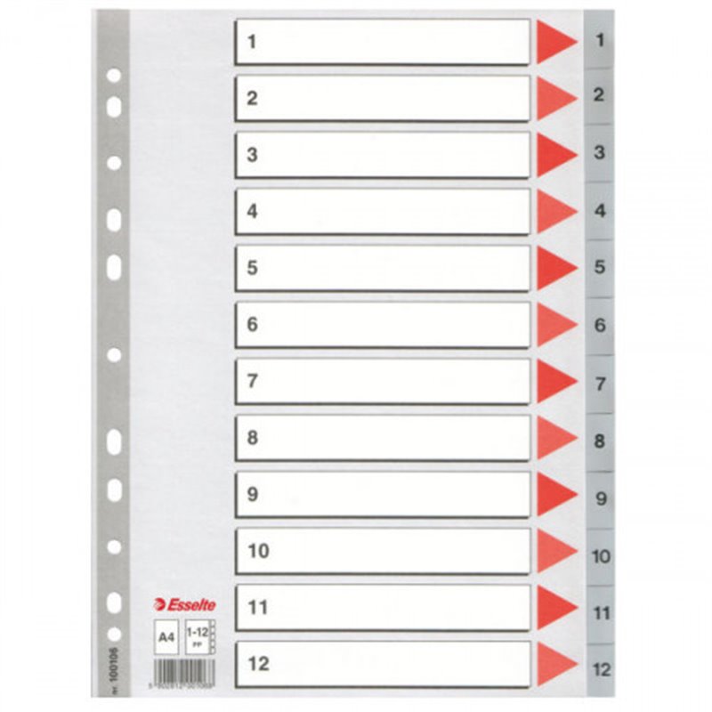 SEPARADOR NUMERICO POLIPROPILENO MULTITALADRO 1-12 FORMATO A4 COLOR GRIS ESSELTE 47138