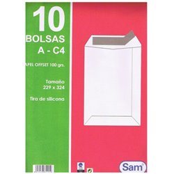 PAQUETES DE 10 BOLSAS BLANCAS, CON TIRA DE SILICONA TAMAÑO 229X324 100 GRS. SAM 665105