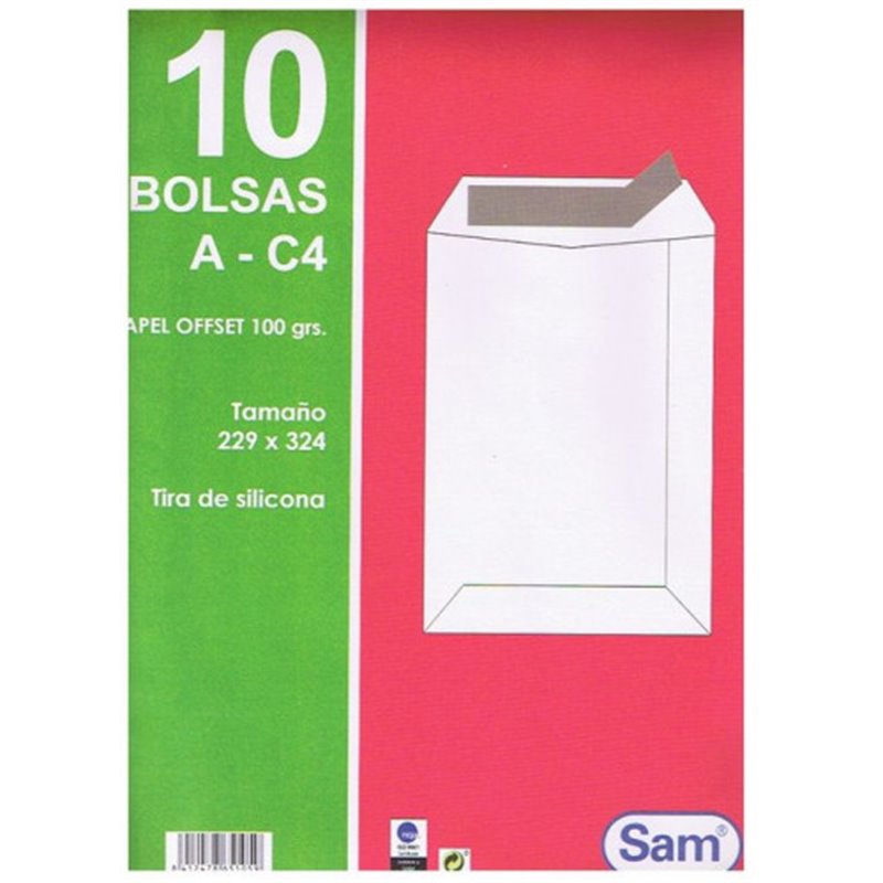 PAQUETES DE 10 BOLSAS BLANCAS, CON TIRA DE SILICONA TAMAÑO 229X324 100 GRS. SAM 665105