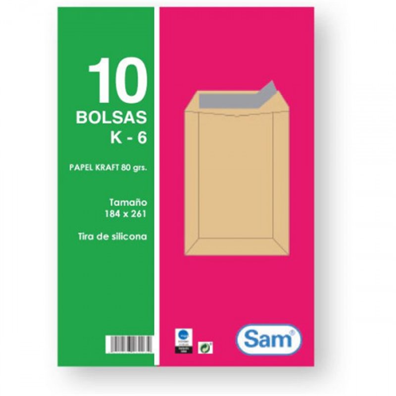 PAQUETES DE 10 BOLSAS KRAFT, CON TIRA DE SILICONA TAMAÑO 184X261 80 GRS. SAM 665099