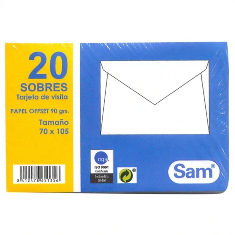 PAQUETES DE 20 SOBRES TARJETA DE VISITA, OFFSET BLANCO 70X105, 90 GRS. ENGOMADO SAM 665135