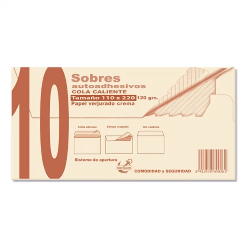 PAQUETES DE 10 SOBRES CREMA VERJURADO 110X220 120 GRS. SAM 664926