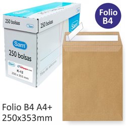 CAJA 250 BOLSAS DIN B4 FOLIO (250X353) KRAFT 90 GRS. AUTOSAM AUTOADHESIVO CON TIRA DE SILICONA SAM 145607