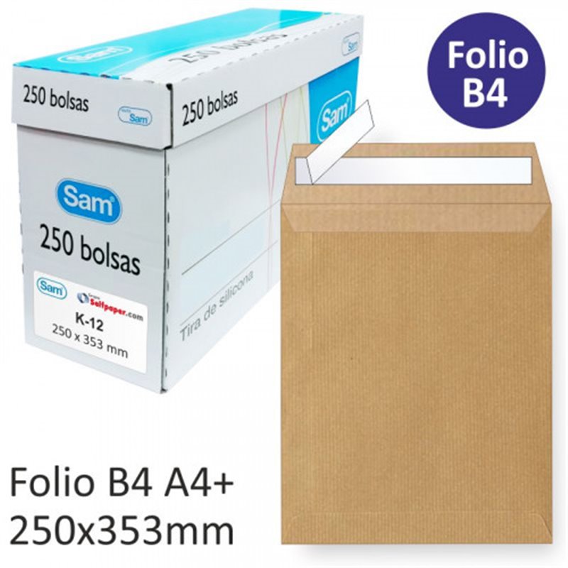 CAJA 250 BOLSAS DIN B4 FOLIO (250X353) KRAFT 90 GRS. AUTOSAM AUTOADHESIVO CON TIRA DE SILICONA SAM 145607