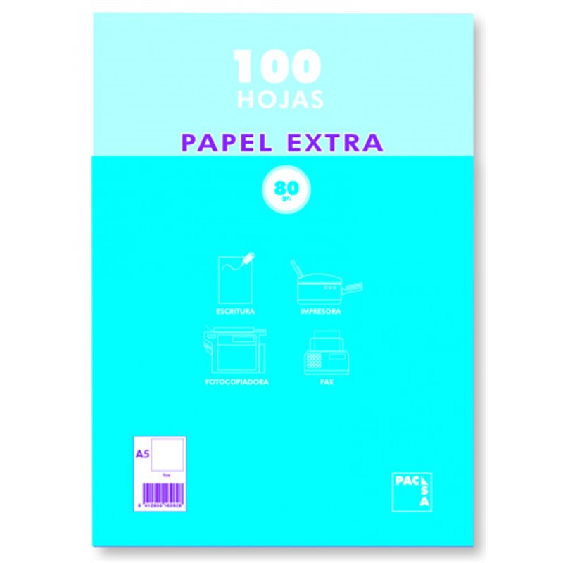 PAQUETE PAPEL EXTRA BLANCO SATINADO 100 HOJAS 80 GRS. A-5 (148X210MM.) LISO PACSA 21814