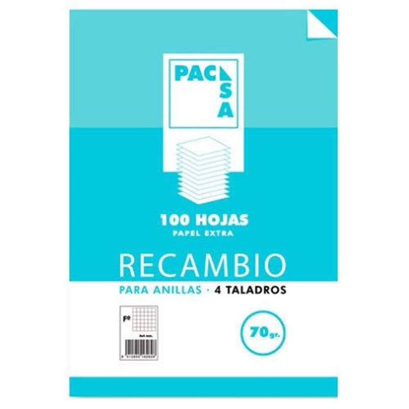 RECAMBIO 70 GRS. 4 TALADROS FOLIO (215X310MM.) 100 HOJAS CUADRÍCULA 4X4 CON MARGEN PACSA 21211