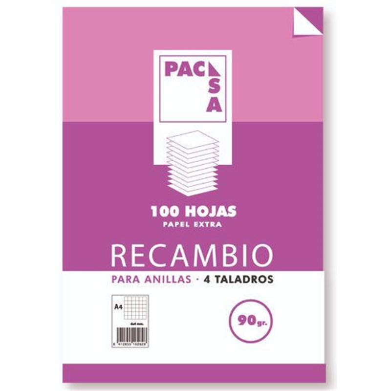 RECAMBIO 90 GRS . 4 TALADROS FOLIO (215X310MM.) 100 HOJAS CUADRÍCULA 4X4 CON MARGEN PACSA 21261