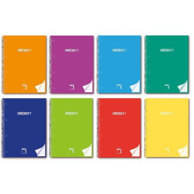 CUADERNO SERIE UNIVERSITY TAPA EXTRA DURA 90 GRS. A-4 (210X297MM.) MICROPERFORADO 80 HOJAS CUADRÍCULA 5X5 + GRECA SURTIDO PACSA 