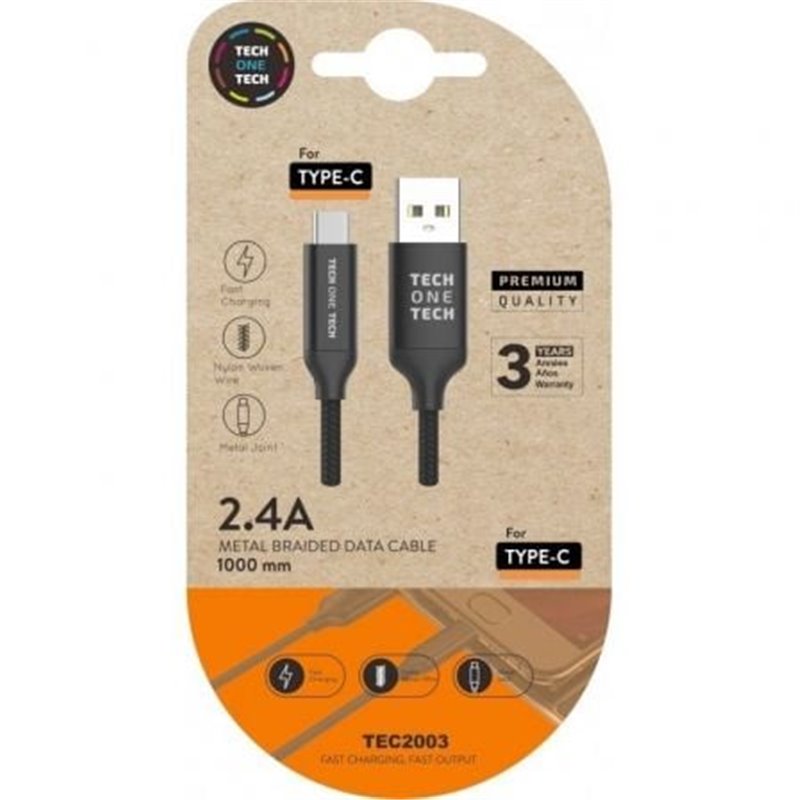 Cable USB 2.0 Tipo-C Tech One Tech TEC2003/ USB Tipo-C Macho - USB Macho/ 1m/ Negro