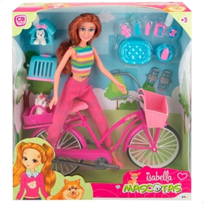 MUÑECA MANIQUÍ ISABELLA CON BICICLETA, MASCOTA Y ACCESORIOS 30 CM