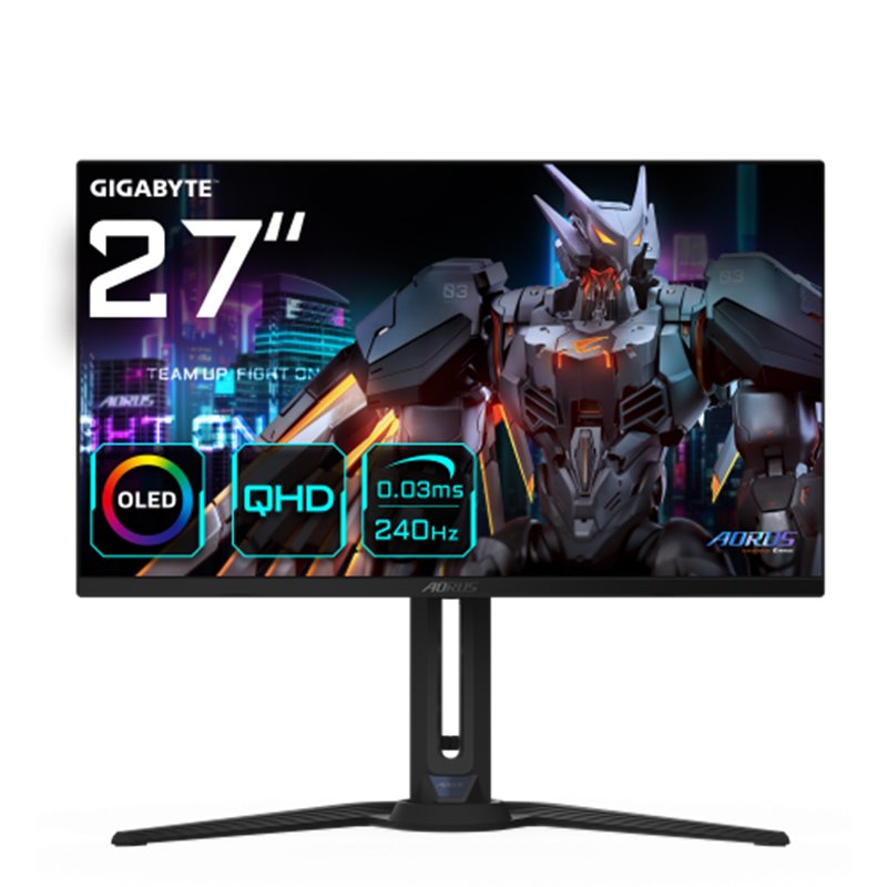 GIGABYTE AORUS Monitor de juego FO27Q2 OLED QHD de 27” - 2560 x 1440 (QHD), 240Hz, 0.03ms, KVM, 250 cd/m², FreeSync Premium Pro,