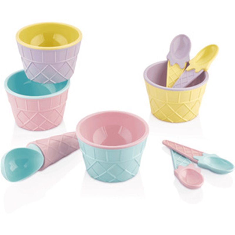 SET DE 9 PIEZAS PARA CONSUMIR HELADOS, CARNAVAL: 4 CUCHARILLAS, 4 BOLES Y UNA CUCHARA GRANDE PARA BOLAS, DISEÑO OBLEA, MULTICOLO