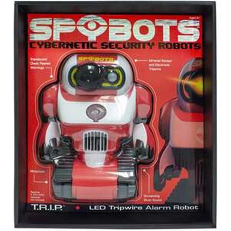 ROBOT SPYBOTS T.R.I.P.CON SU PROYECTOR LED EMITE EL LOGO AVISANDO A LOS POSIBLES INTRUSOS QUE LA ZONA ESTÁ PROTEGIDA POR LOS SPY