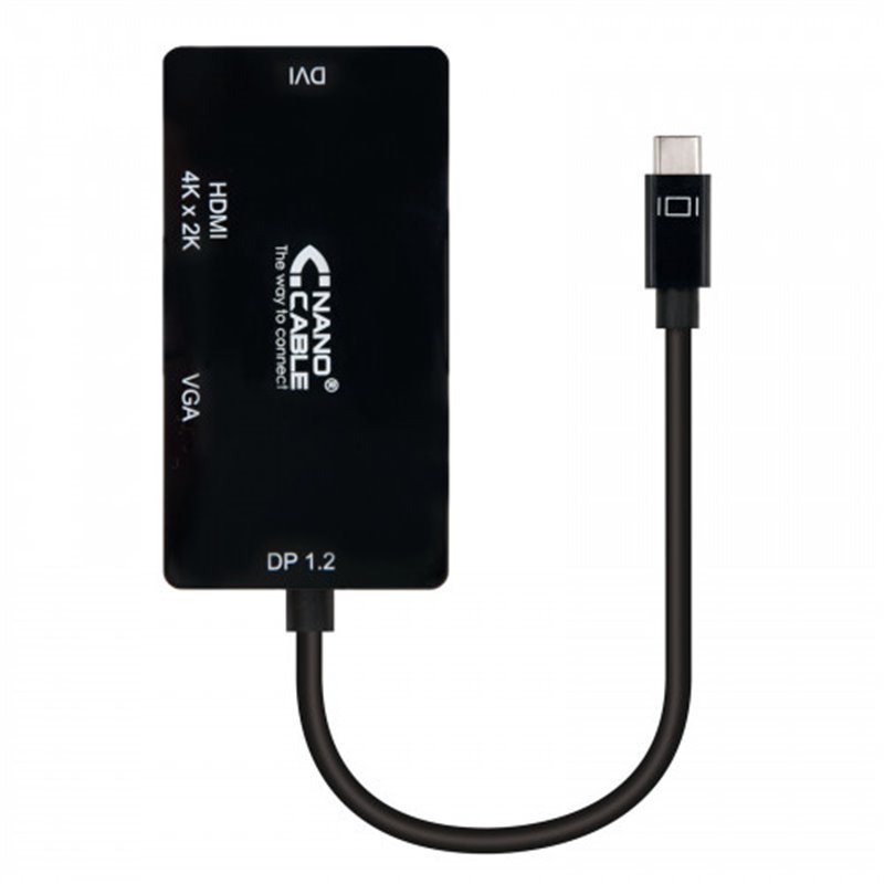 Nanocable Conversor USB-C a VGA / DVI / HВЬШ, 3 En 1. USB-C/M-VGA/H-DVI/H-HDMI/H 4K, Negro, 10 cm