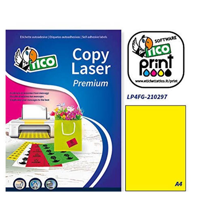 CAJA 70 HOJAS ETIQUETAS AMARILLO FLUORESCENTE SIN MÁRGENES-LÁSER/INYECCIÓN DE TINTA/FOTOCOPIADORAS-210X297 MM TICO LP4FG-210297