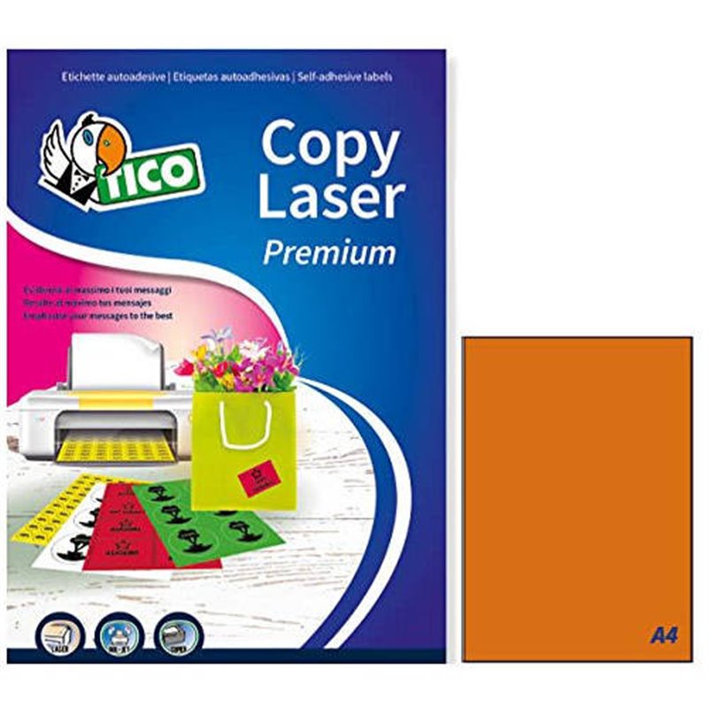 CAJA 70 HOJAS ETIQUETAS NARANJA FLUORESCENTE SIN MÁRGENES-LÁSER/INYECCIÓN DE TINTA/FOTOCOPIADORAS-210X297 MM TICO LP4FA-210297