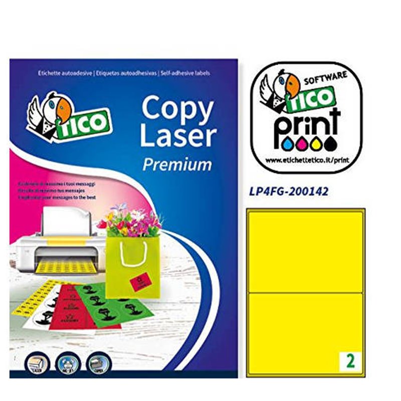 CAJA 70 HOJAS ETIQUETAS AMARILLO FLUORESCENTE CON ESQUINAS REDONDAS-LÁSER/INYECCIÓN DE TINTA/FOTOCOPIADORAS-200X142 MM TICO LP4F