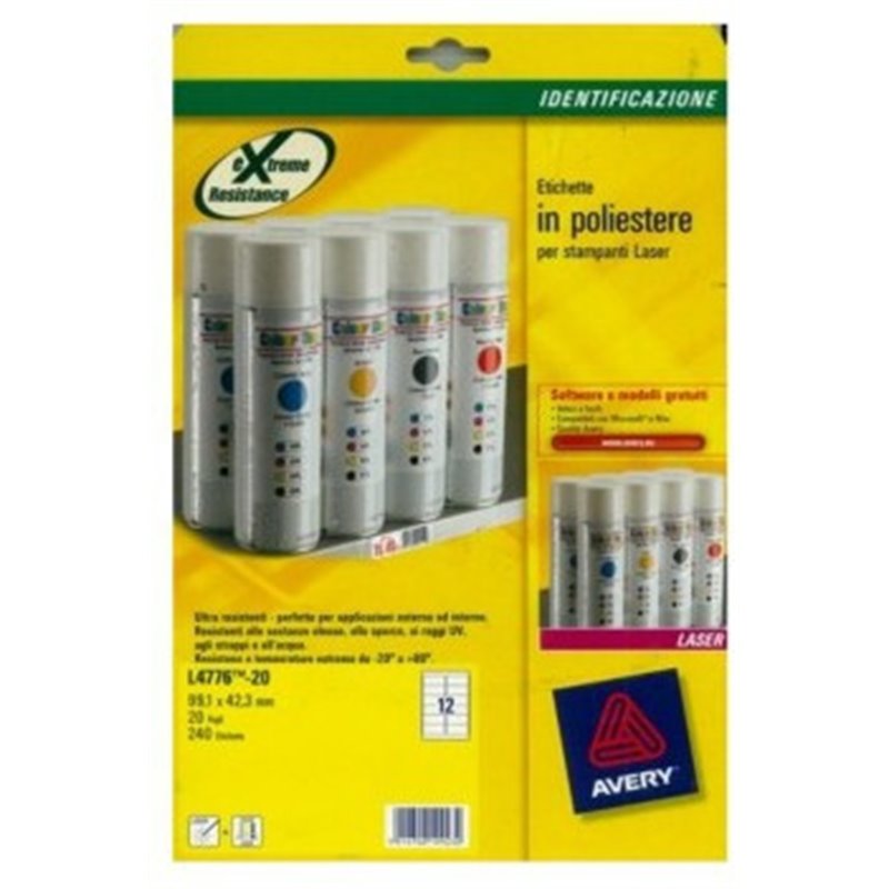 PAQUETE 20 HOJAS ETIQUETAS DE POLIÉSTER BLANCO-IMPRESORAS LÁSER-99,1X42,3 MM AVERY L4776-20