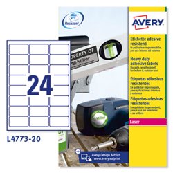 PAQUETE 20 HOJAS ETIQUETAS DE POLIÉSTER BLANCO-IMPRESORAS LÁSER-63,5X33,9 MM AVERY L4773-20