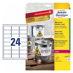 PAQUETE 8 HOJAS ETIQUETAS DE POLIÉSTER BLANCO PARA IMPRESORAS LÁSER 63,5X33,9 MM AVERY L4773-8