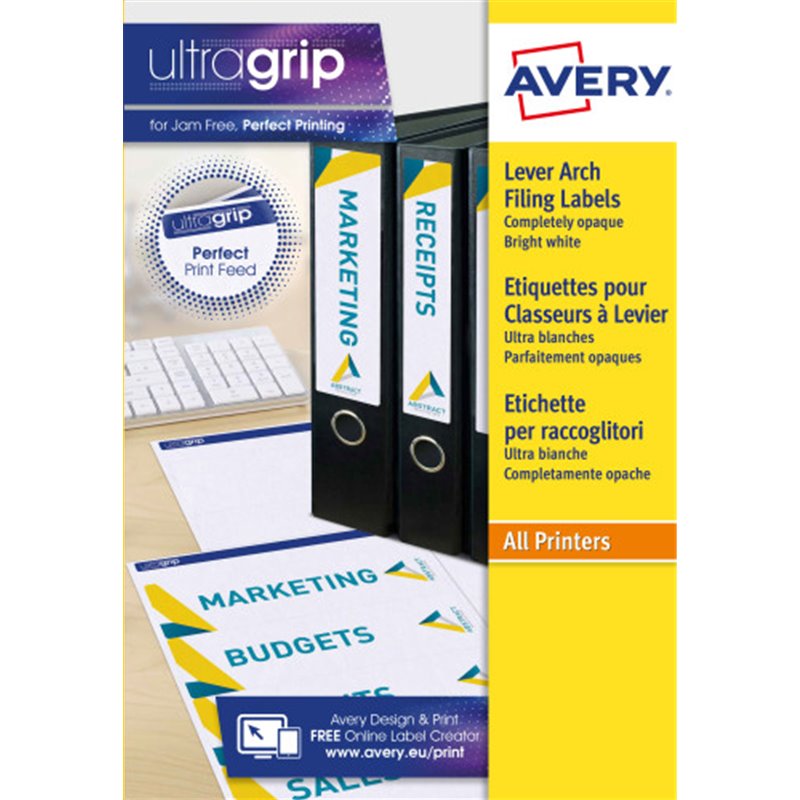 PAQUETE 25 HOJAS ETIQUETAS BLANCAS PARA ARCHIVADORES CON DORSO FINO-IMPRESORAS LÁSER-192X38 MM AVERY L4760-25