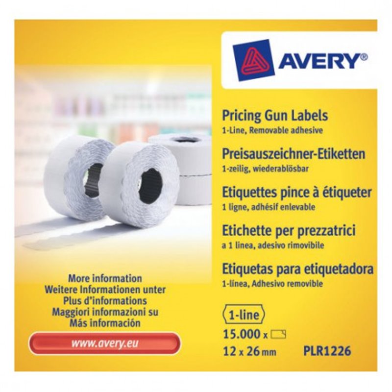 PACK 10 ROLLOS DE ETIQUETAS BLANCAS-DESPEGABLES DE 1 LÍNEA-1.500 ETIQUETAS 12X26MM POR ROLLO AVERY PLR1226