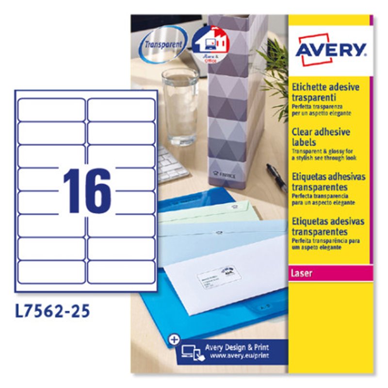 PAQUETE 25 HOJAS ETIQUETAS TRANSPARENTES QUICKPEEL-IMPRESORAS LÁSER-99,1X33,9 MM AVERY L7562-25