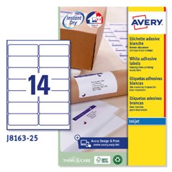 PAQUETE 25 HOJAS ETIQUETAS BLANCAS QUICK DRY-IMPRESORAS DE INYECCIÓN DE TINTA-99,1X38,1 MM AVERY J8163-25