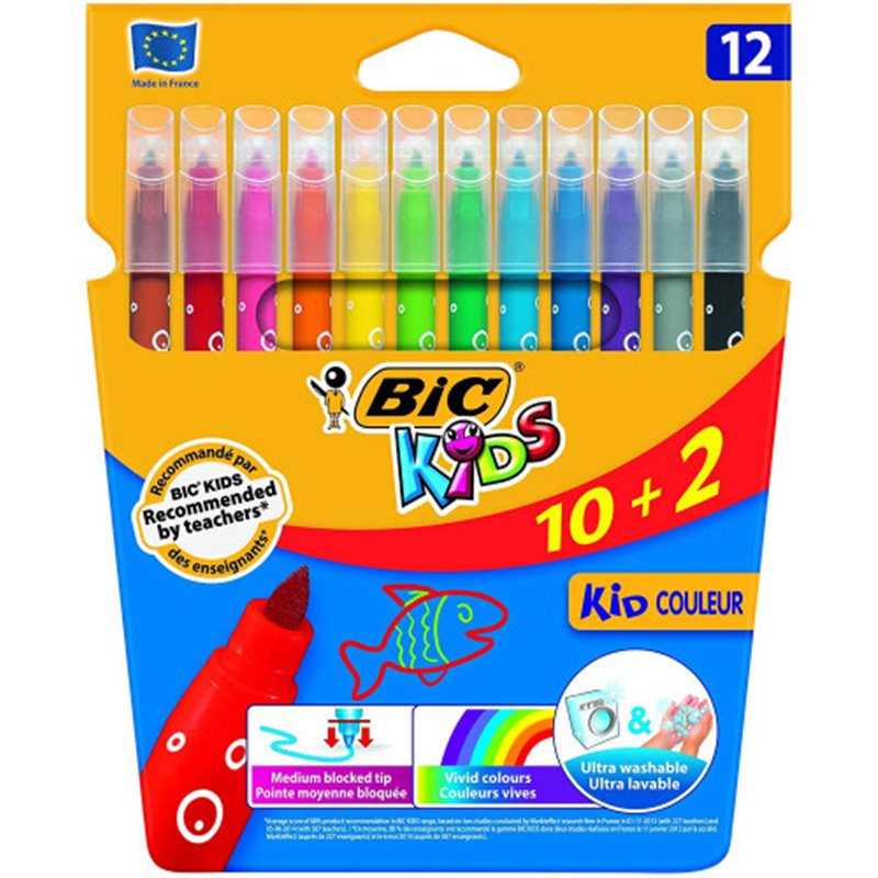 ESTUCHE 10+2 ROTULADORES ULTRALAVABLES KID COULEUR TRAZO 0,8MM. 12 COLORES BIC 9202942