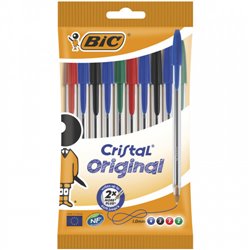 BOLSA 10 BOLIGRAFOS CRISTAL CON CUERPO TRANSPARENTE TRAZO 0,4MM. COLORES SURTIDOS BIC 830865