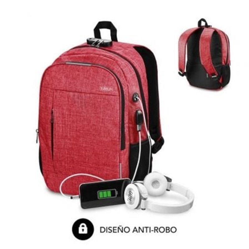 Mochila Subblim Urban Lock para Port�tiles hasta 16"/ Puerto USB/ Antirrobo/ Rojo