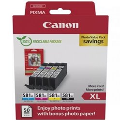 Cartucho de Tinta Original Canon CLI-581 XL Multipack Alta Capacidad/ Cian/ Magenta/ Amarillo/ Negro + Papel Fotogr�fico