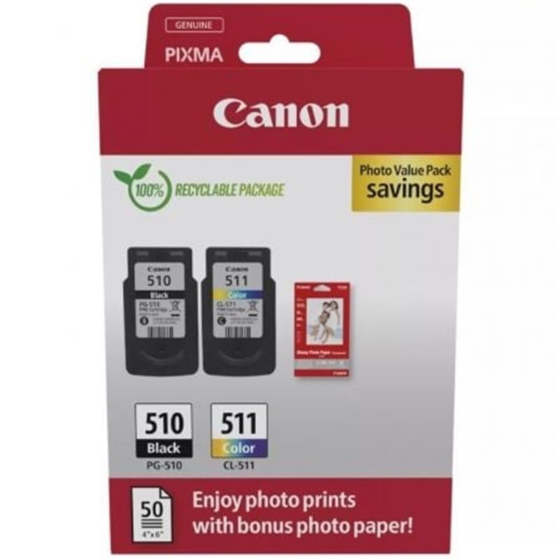 Cartucho de Tinta Original Canon PG-510 + CL-511 Multipack/ Negro/ Tricolor + Papel Fotogr�fico