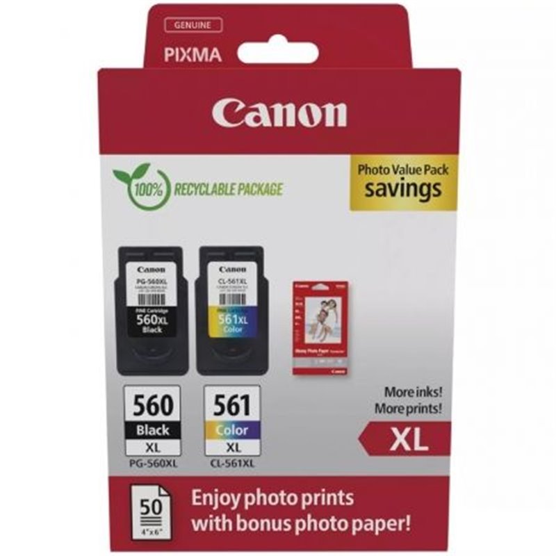 Cartucho de Tinta Original Canon PG-560XL + CL-561XL Multipack Alta Capacidad/ Negro/ Tricolor + Papel Fotogr�fico