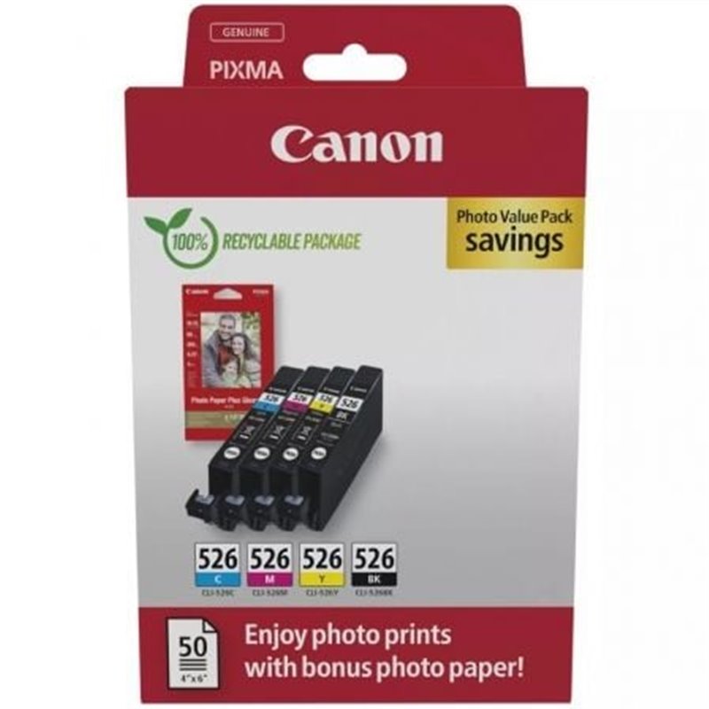 Cartucho de Tinta Original Canon CLI-526 Multipack/ Cian/ Magenta/ Amarillo/ Negro + Papel Fotogr�fico