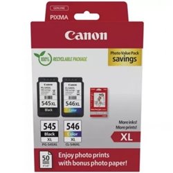 Cartucho de Tinta Original Canon PG-545XL + CL546XL Multipack Alta Capacidad/ Negro/ Tricolor + Papel Fotogr�fico