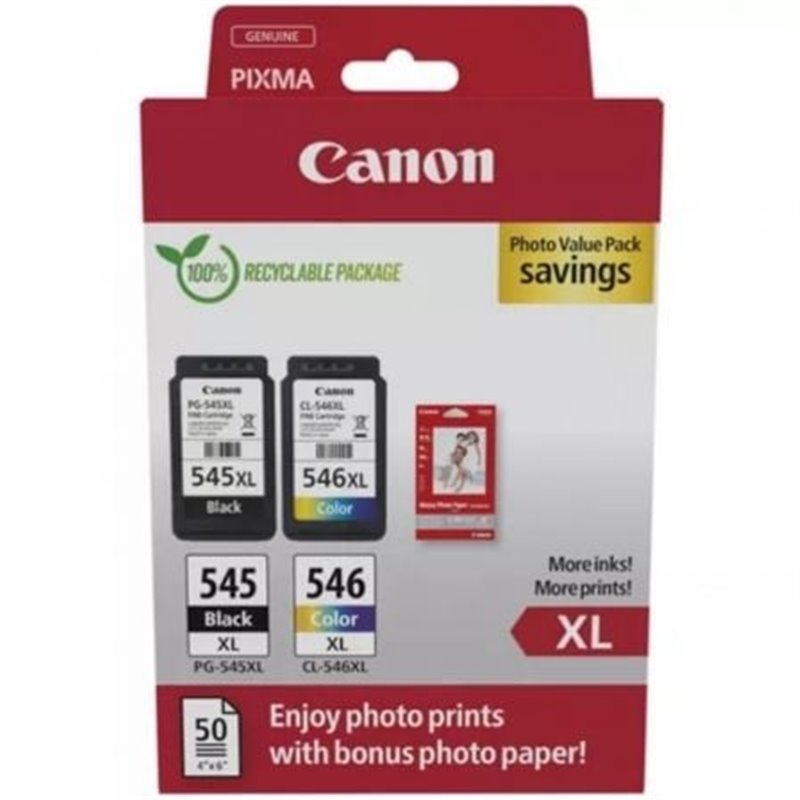 Cartucho de Tinta Original Canon PG-545XL + CL546XL Multipack Alta Capacidad/ Negro/ Tricolor + Papel Fotogr�fico