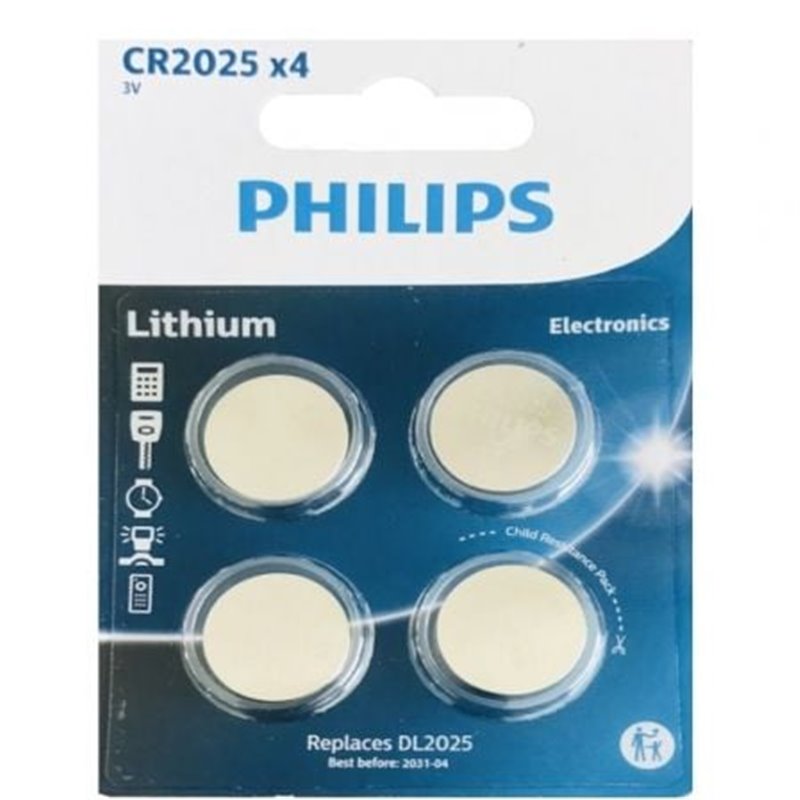 Pack de 4 Pilas de Bot�n Philips CR2025 Lithium/ 3V