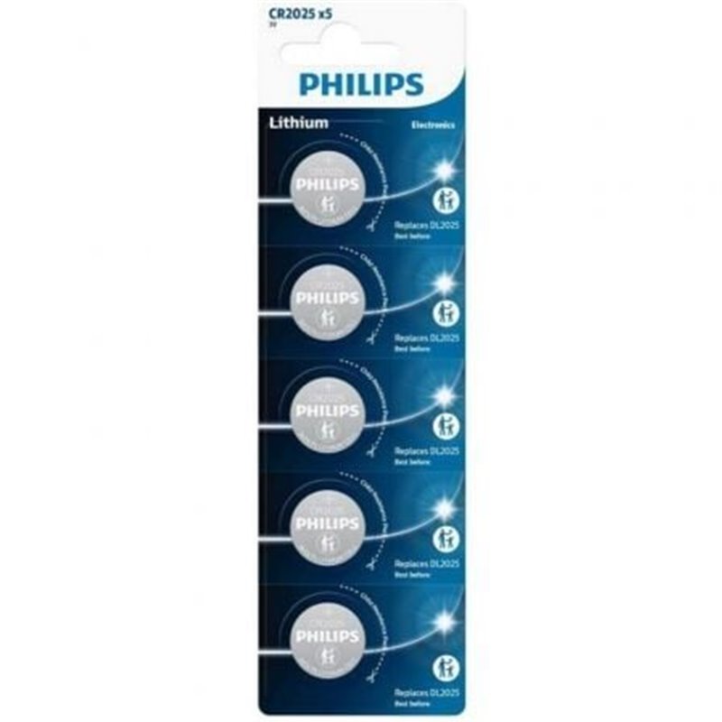 Pack de 5 Pilas de Bot�n Philips CR2025P5/01B Lithium/ 3V