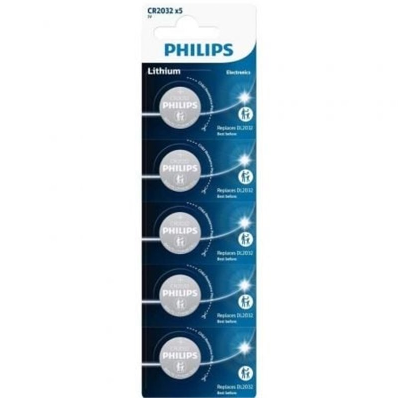 Pack de 5 Pilas de Bot�n Philips CR2032P5/01B Lithium/ 3V