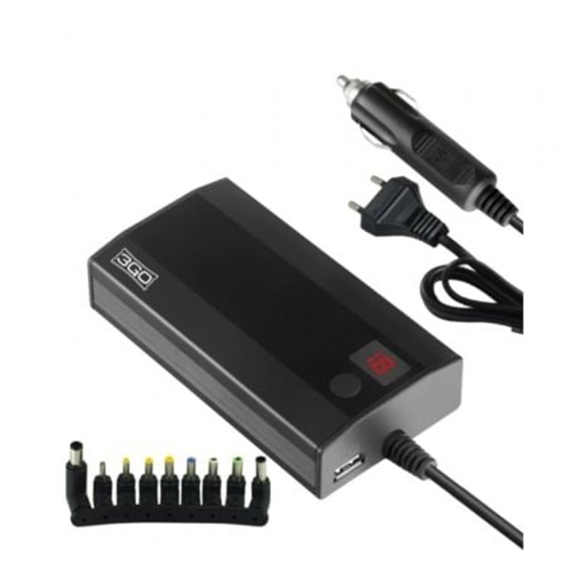 Cargador de Port�til 3GO Alim90C2/ 90W/ Manual/ 9 Conectores/ Voltaje 12-20V/ 1 USB/ con Adaptador para Coche