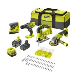 Pack Taladro + Amoladora + Sierra de calar + Lijadora Ryobi ONE+ R18CK4F-252S/ 2 bater�as 18V 5,0 y 2,0 Ah/ Cargador 2,0 A/ Bols