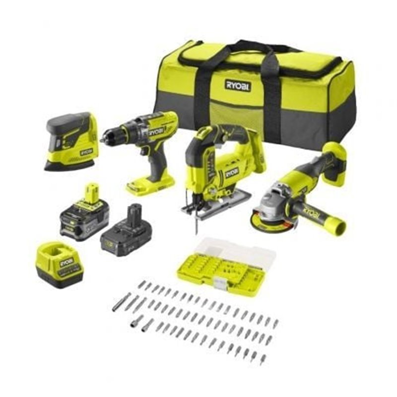 Pack Taladro + Amoladora + Sierra de calar + Lijadora Ryobi ONE+ R18CK4F-252S/ 2 bater�as 18V 5,0 y 2,0 Ah/ Cargador 2,0 A/ Bols