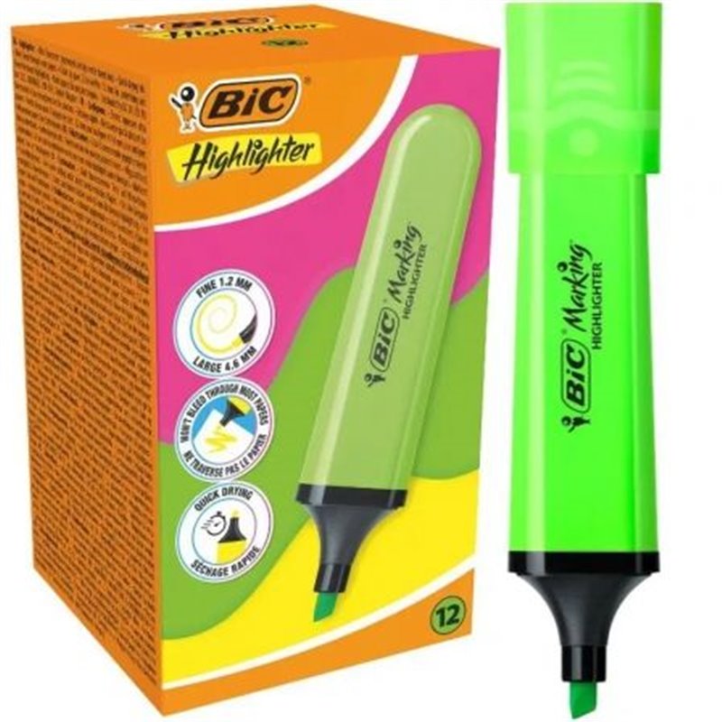 Caja de Marcadores Fluorescentes Bic Highlighter Flat Ne�n/ 12 unidades/ Verdes