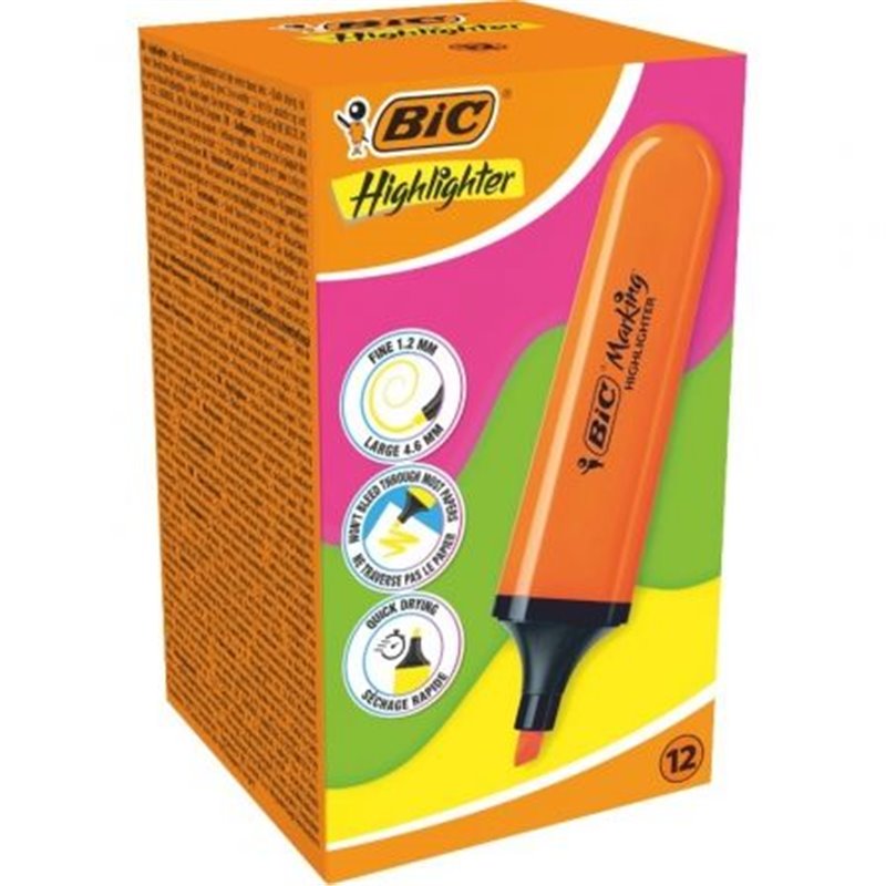 Caja de Marcadores Fluorescentes Bic Highlighter Flat Ne�n/ 12 unidades/ Naranjas