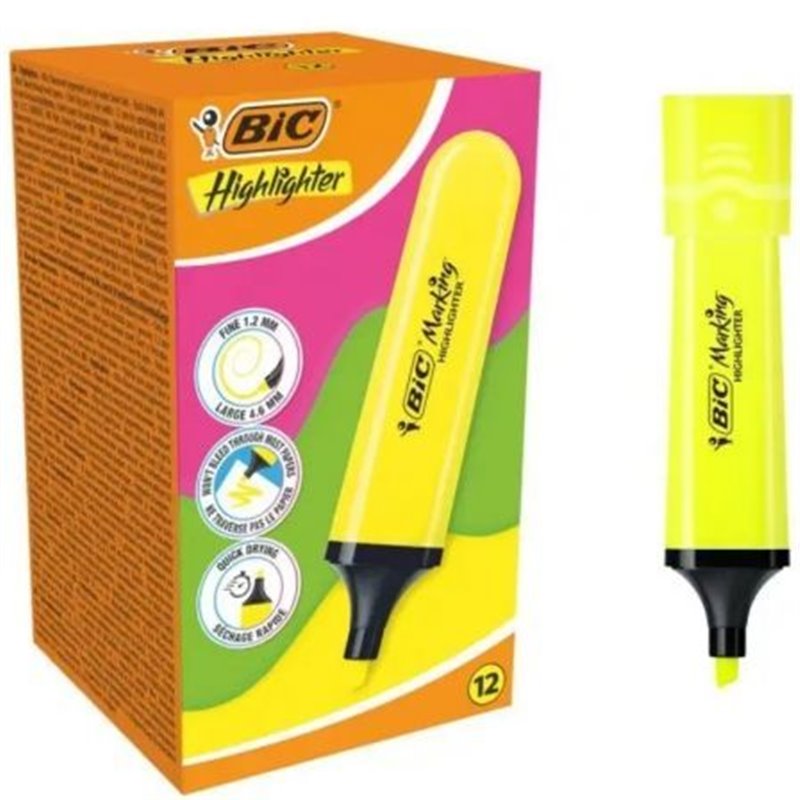 Caja de Marcadores Fluorescentes Bic Highlighter Flat Ne�n/ 12 unidades/ Amarillos