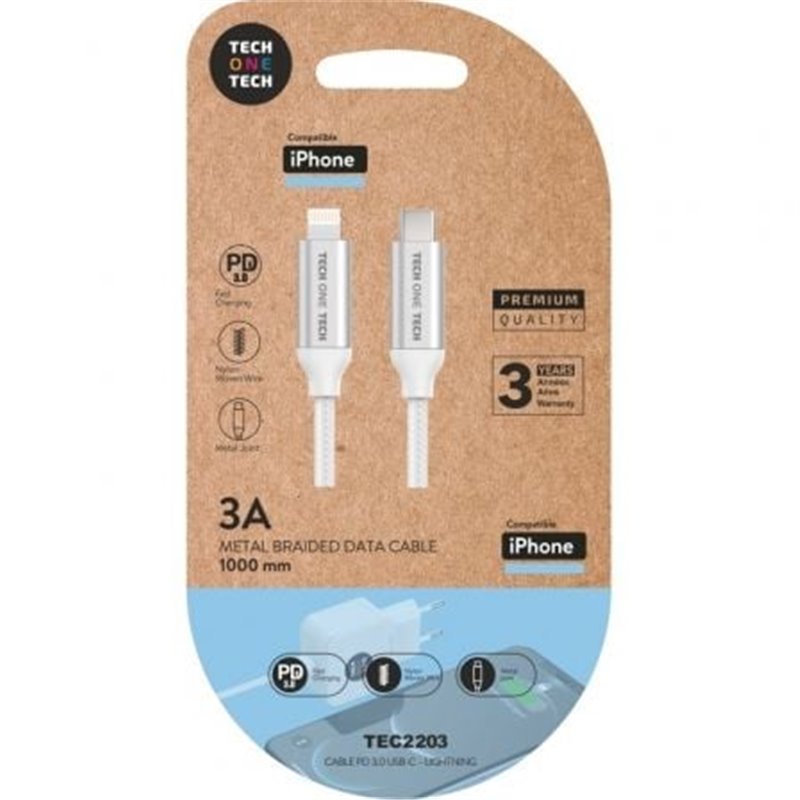 Cable USB Tipo-C 2.0 Lightning Tech One Tech TEC2203/ Lightning Macho - USB Tipo-C Macho/ 1m/ Blanco